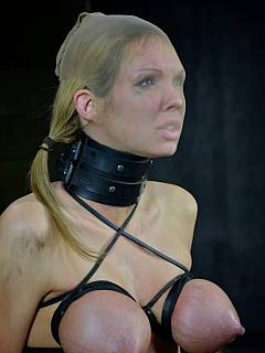 SLut is in extreme rope bondage, blindfolded and teased with vacuum breast milking