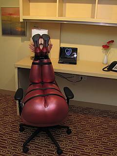 Plumper in spandex is bound to chair is a ball-tied pose