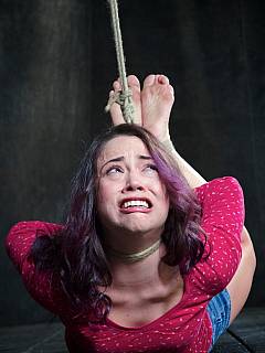 Tiny latin slut is strangled with rope noose over her neck when kneeling and hogtied