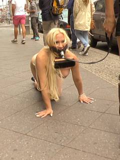 Girl is collared, leashed, put on all fours and forced to crawl along the streets to the place where she is going to be fucked in front of everybody's eyes