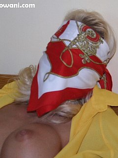Vixen is spread-tied to bed posts with a set of silk scarves. Her blouse in unbuttoned plus a gag and a blindfold are put in use
