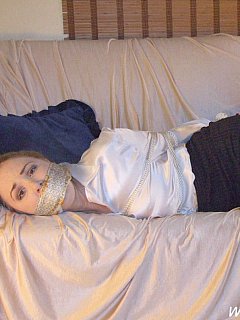 Office girl ends up hogtied and gagged after being bound with e few pieces of rope