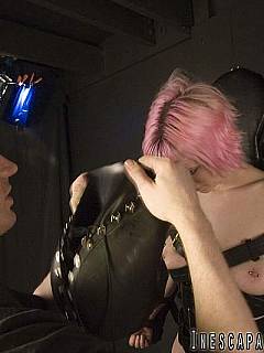 Slave breath play: nude girl is bound with black belts and tortired with ribber head mask