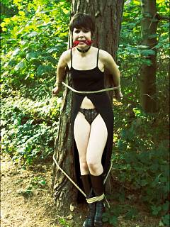 A couple of gagged girls are tied to trees and abandoned in the woods