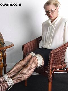 Classy librarian is abused with rope bondage and cleave gag - see her legs in fishnets are tied up nicely